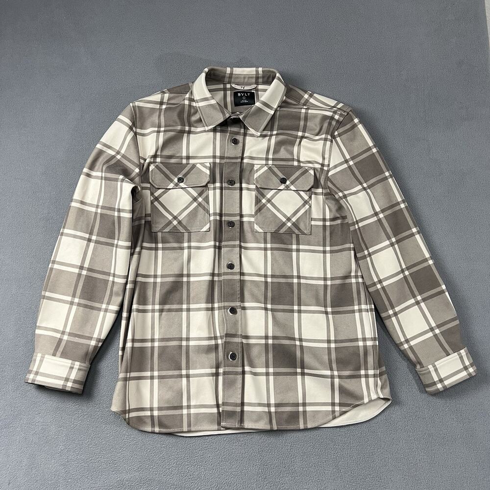 BYLT Coastal Overshirt Shacket Men's XL Beige Plaid Button Up Flannel Pockets